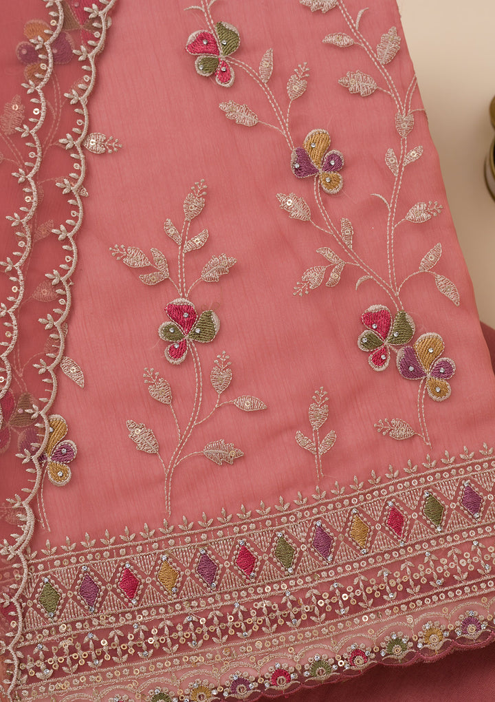 Rust Threadwork Tissue Unstitched Salwar Suit