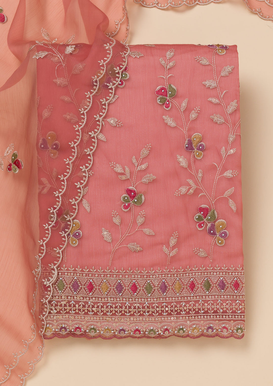 Rust Threadwork Tissue Unstitched Salwar Suit