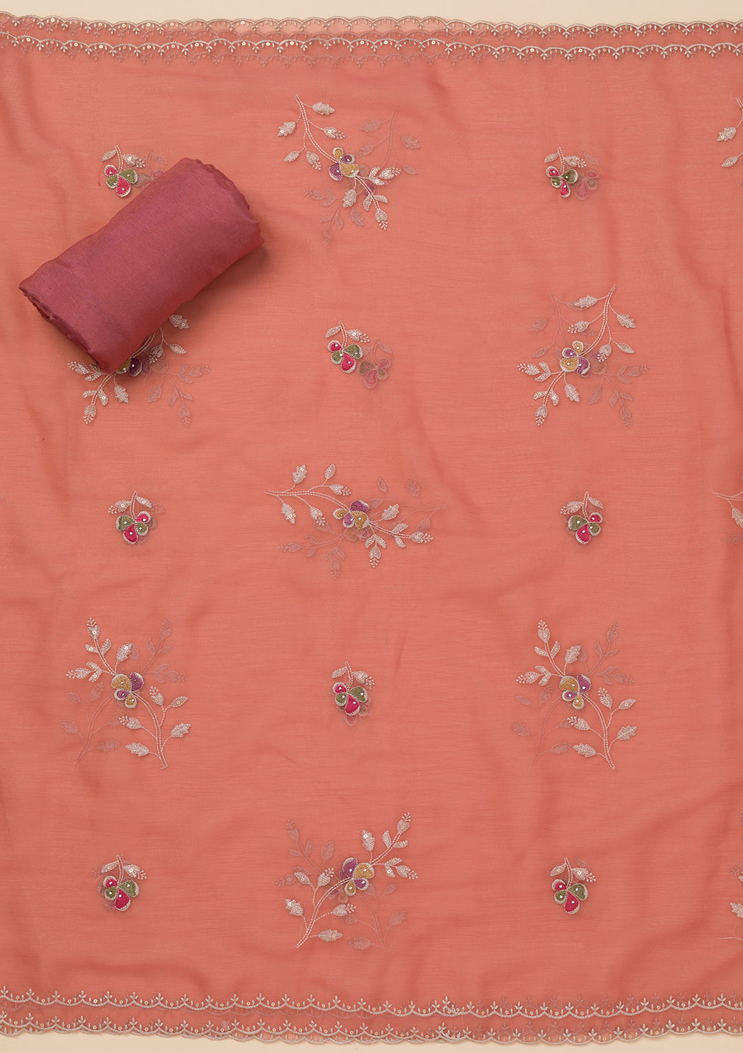 Rust Threadwork Tissue Unstitched Salwar Suit