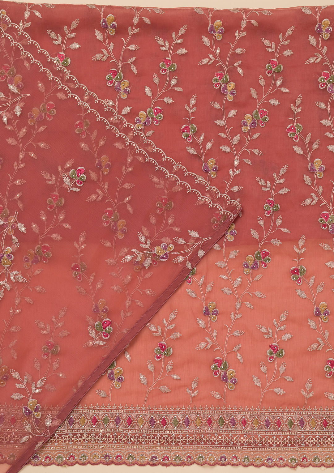 Rust Threadwork Tissue Unstitched Salwar Suit