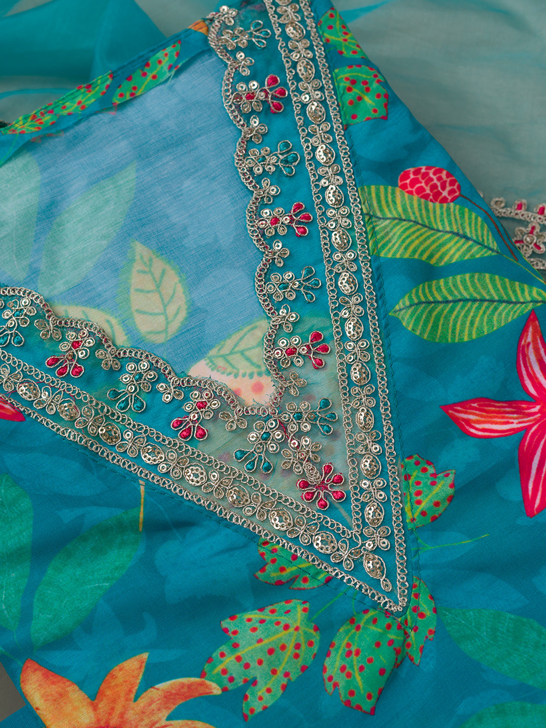 Sea Green Printed Semi Crepe Unstitched Salwar Suit