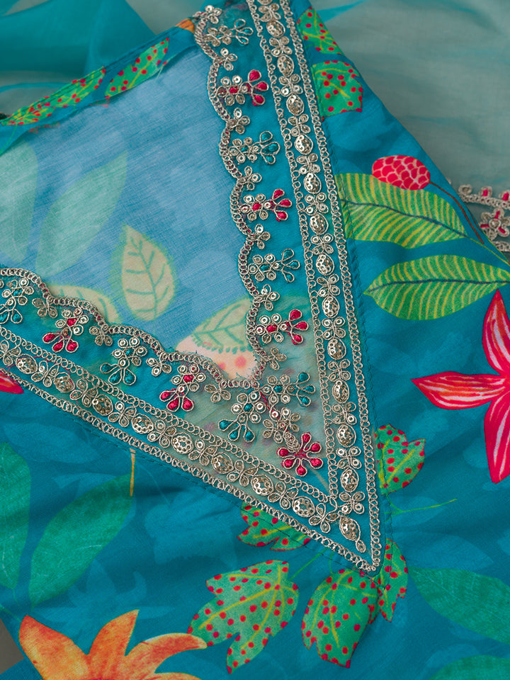 Sea Green Printed Semi Crepe Unstitched Salwar Suit