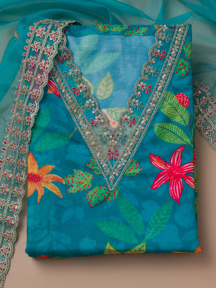 Sea Green Printed Semi Crepe Unstitched Salwar Suit