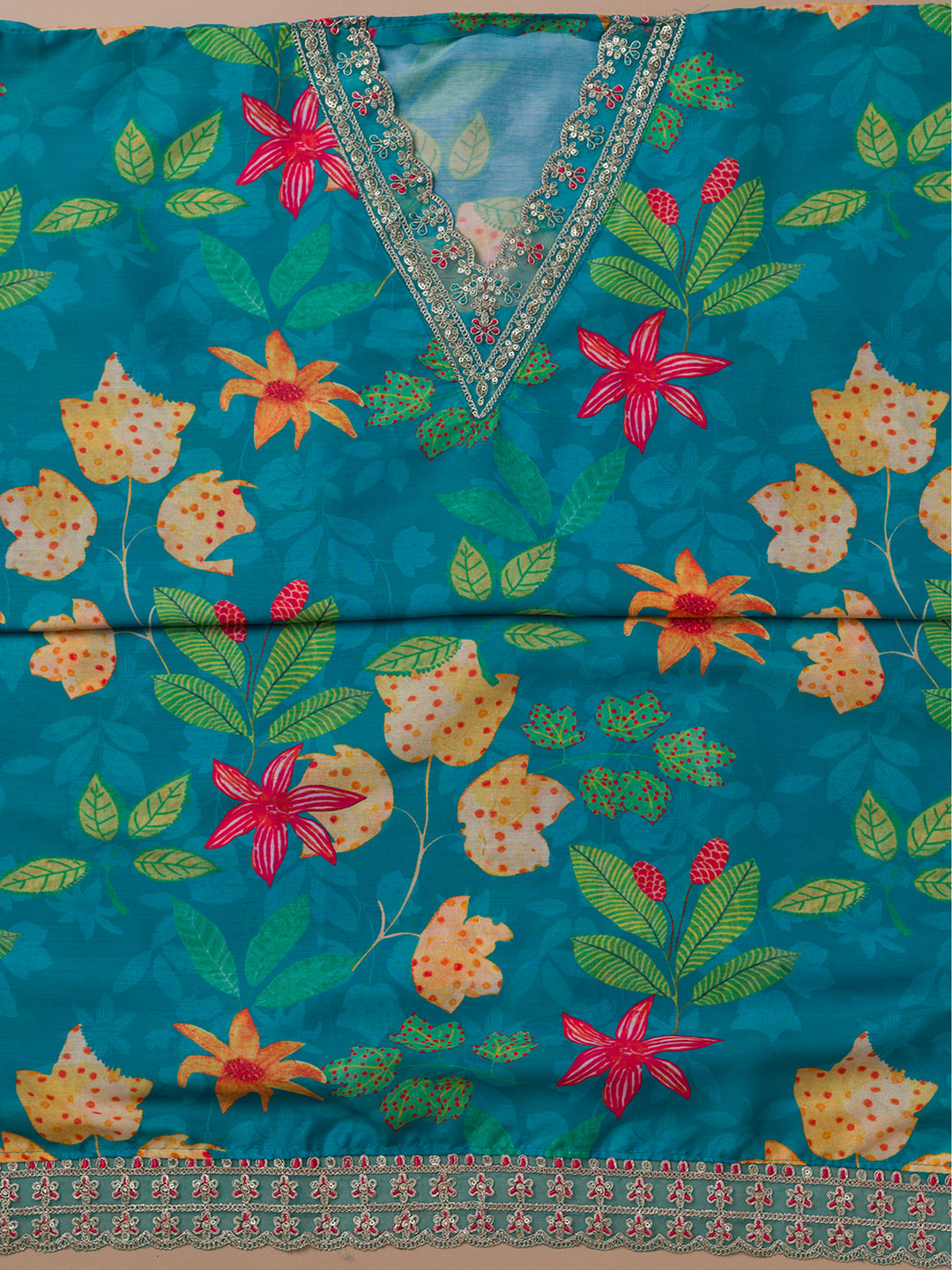 Sea Green Printed Semi Crepe Unstitched Salwar Suit