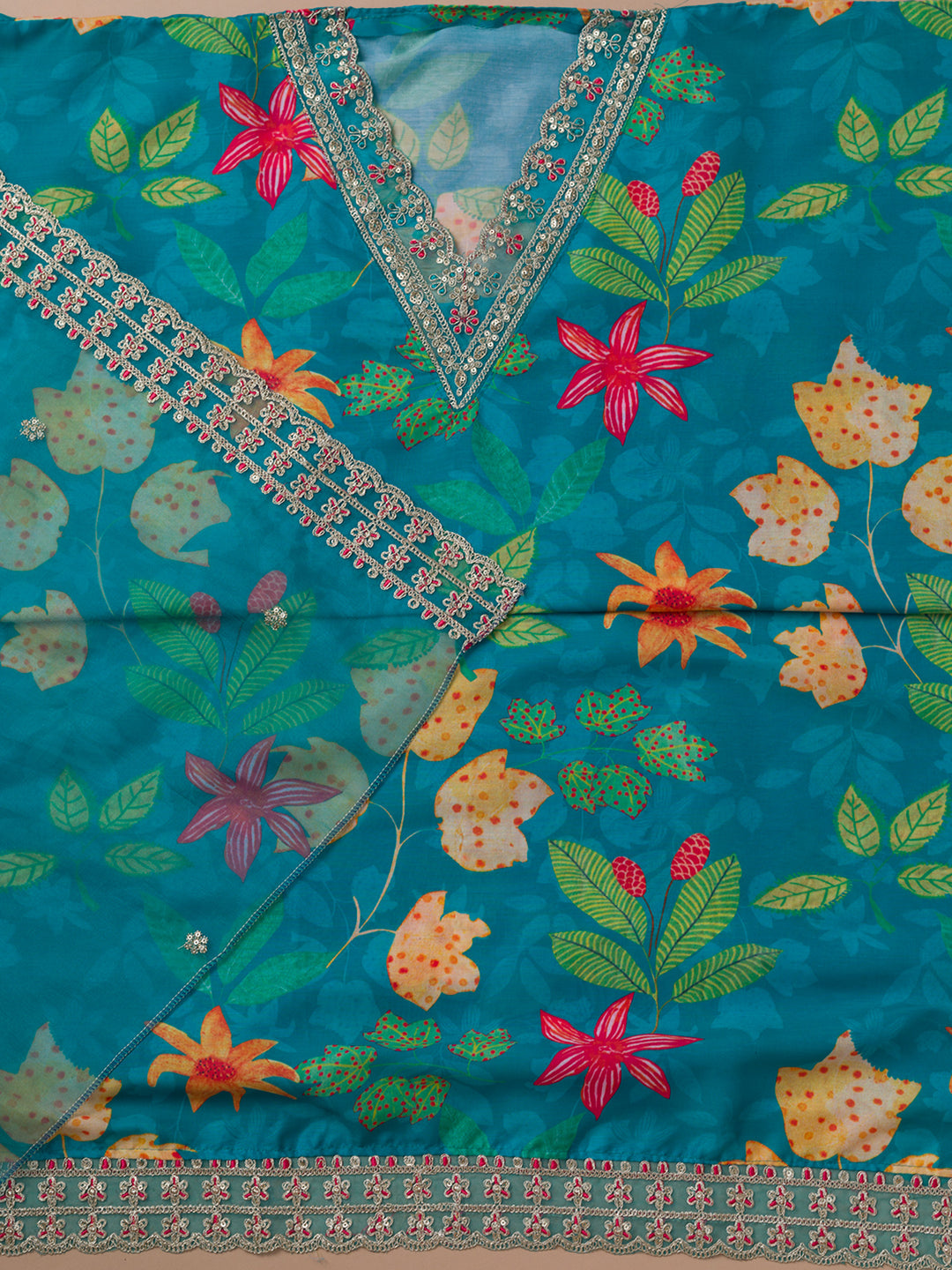 Sea Green Printed Semi Crepe Unstitched Salwar Suit