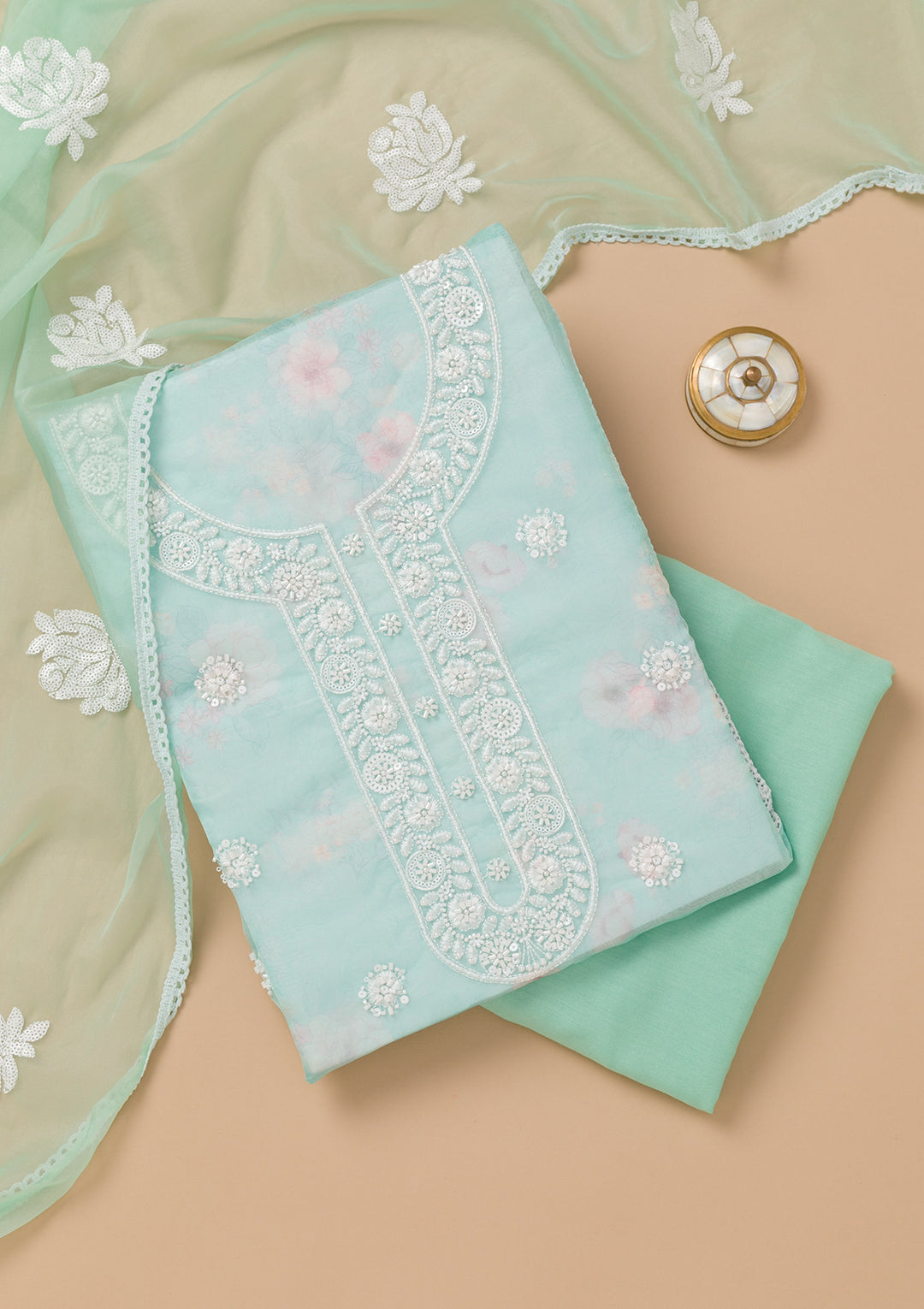 Sea Green Printed Tissue Unstitched Salwar Suit