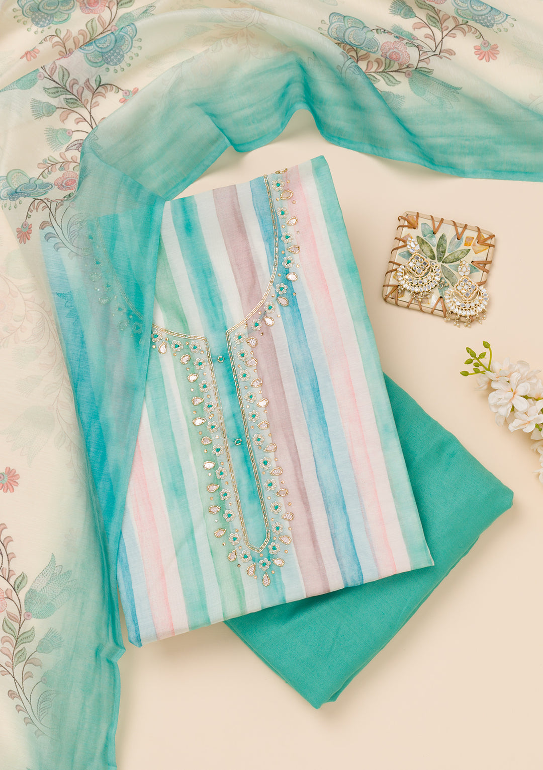 Sea Green Printed Tissue Unstitched Salwar Suit