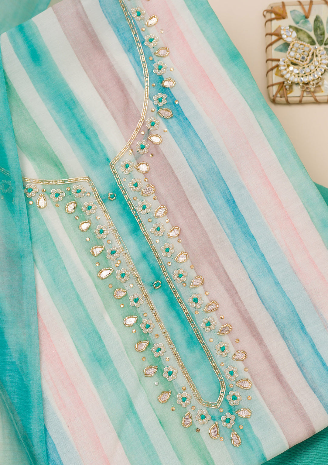 Sea Green Printed Tissue Unstitched Salwar Suit