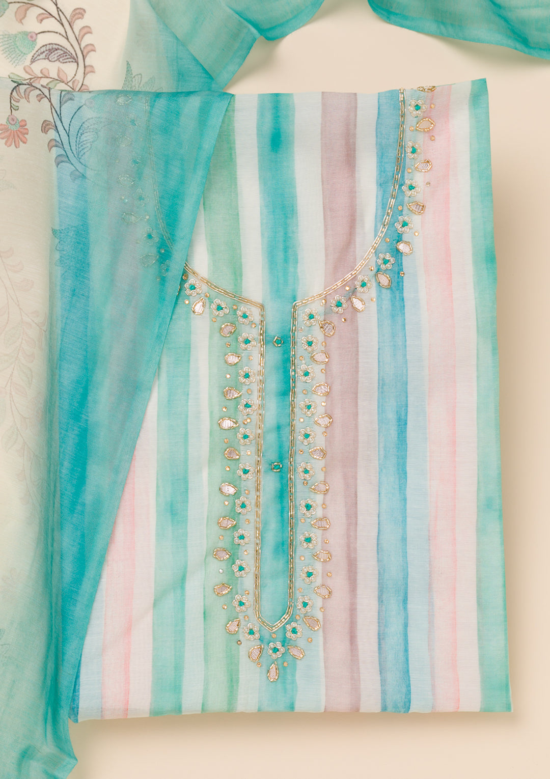 Sea Green Printed Tissue Unstitched Salwar Suit