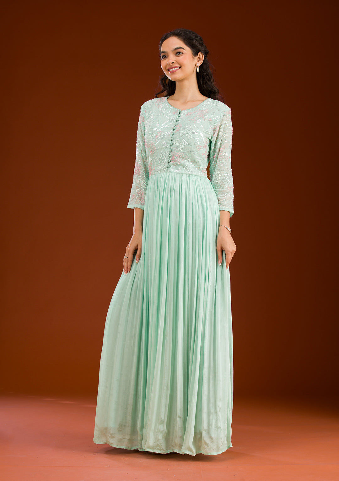 Sea Green Sequins Georgette Readymade Salwar Suit