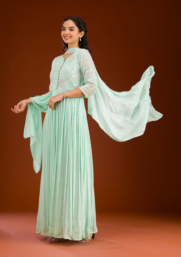Sea Green Sequins Georgette Readymade Salwar Suit