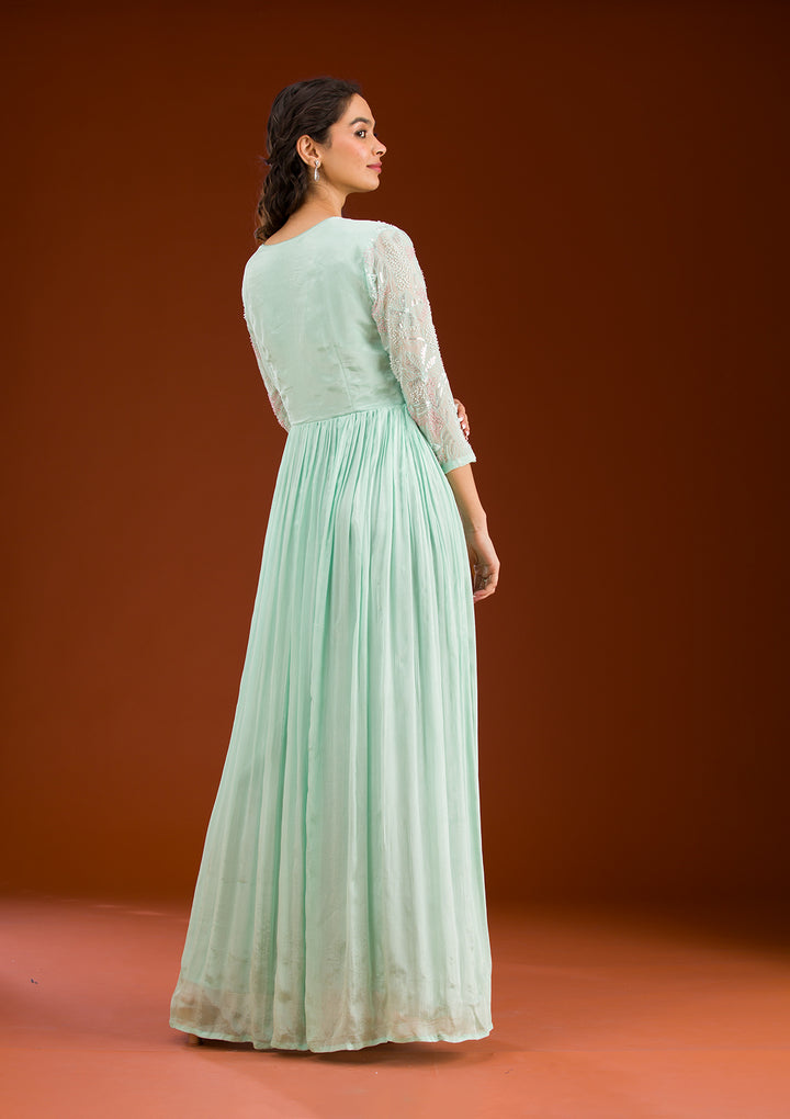 Sea Green Sequins Georgette Readymade Salwar Suit