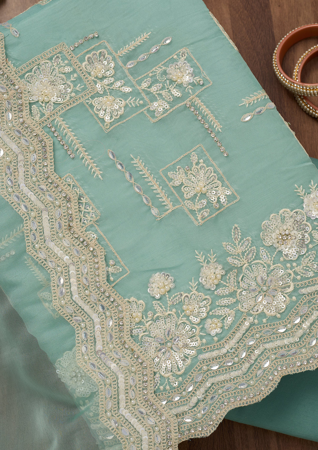Sea Green Sequins Georgette Unstitched Salwar Suit
