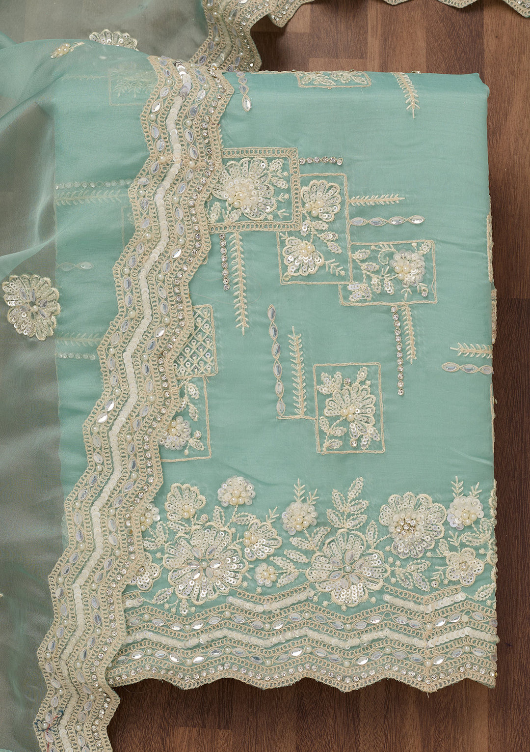 Sea Green Sequins Georgette Unstitched Salwar Suit