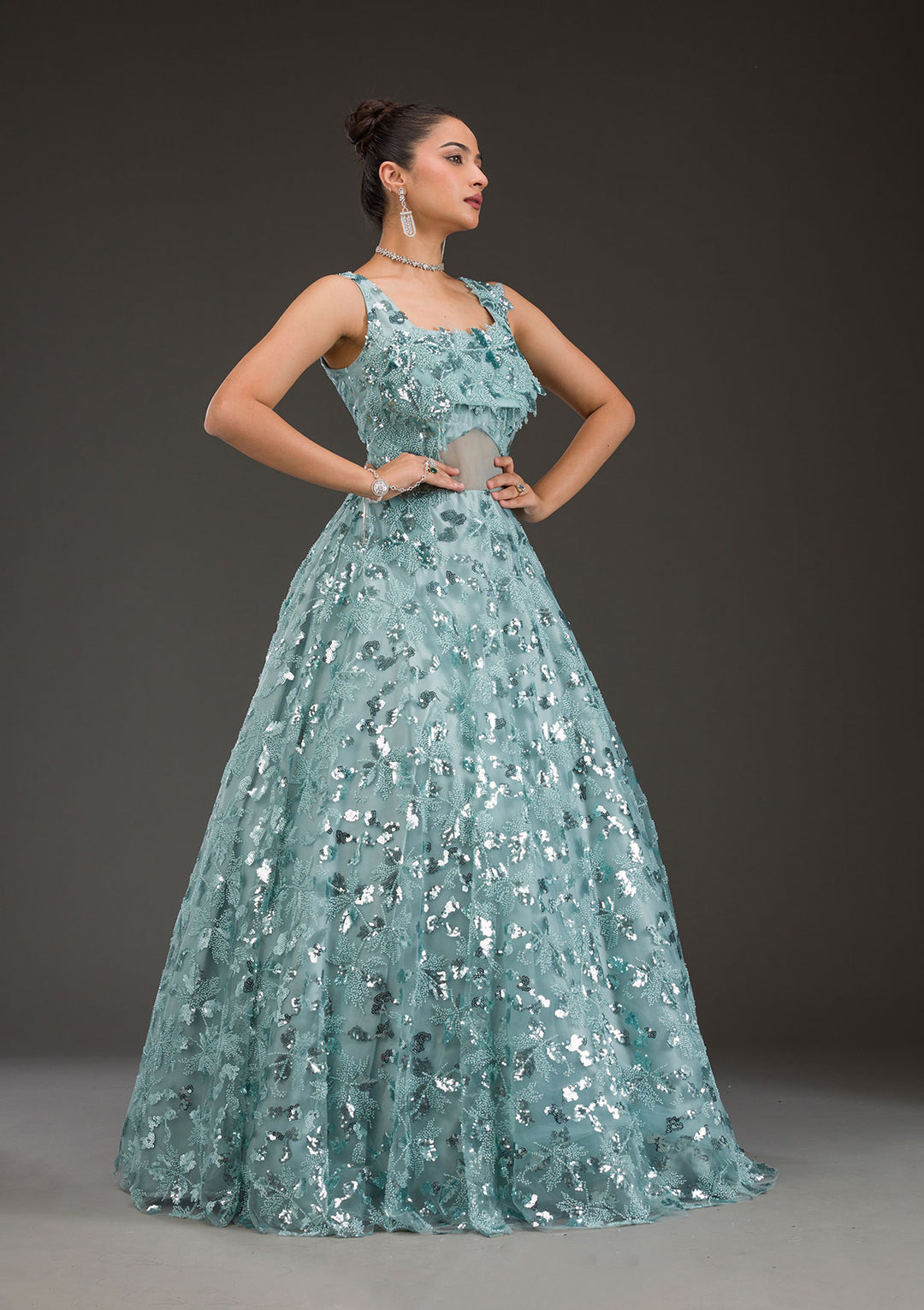 Sea Green Sequins Net Gown