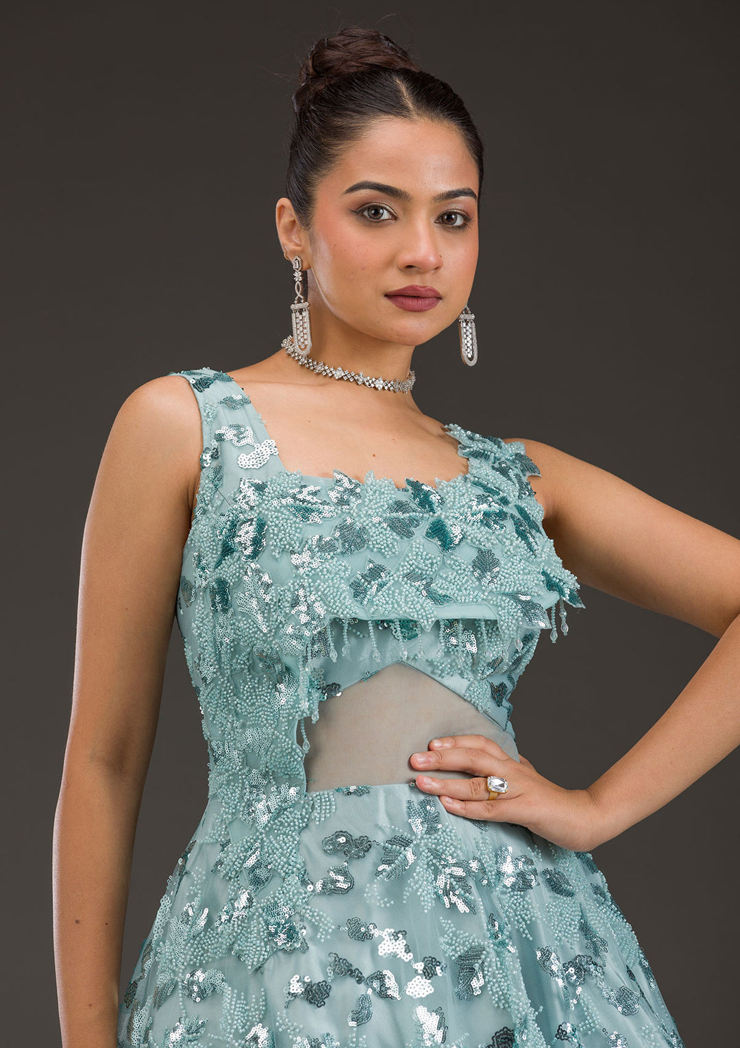 Sea Green Sequins Net Gown