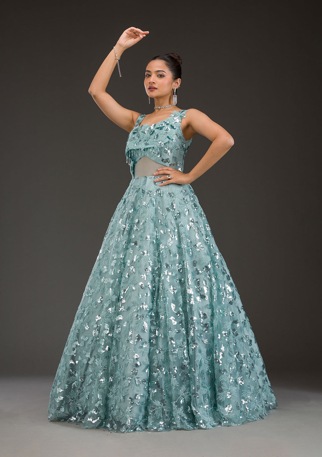 Sea Green Sequins Net Gown