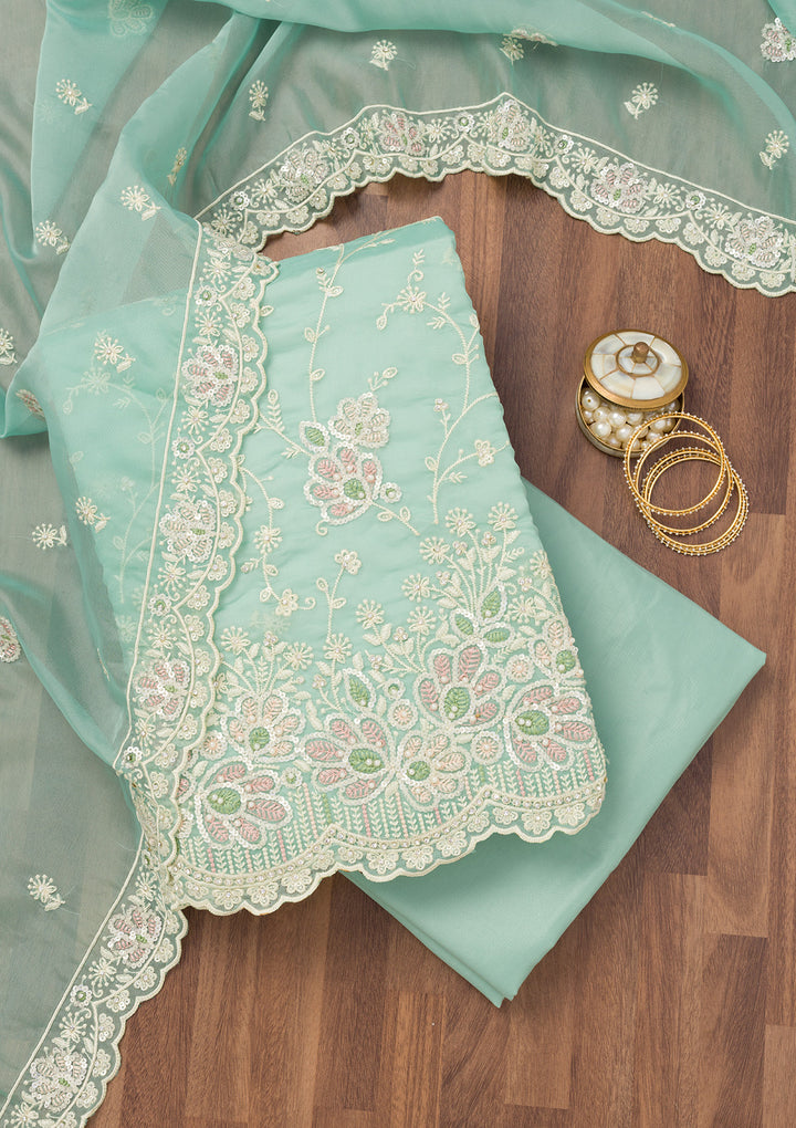 Sea Green Sequins Organza Unstitched Salwar Suit