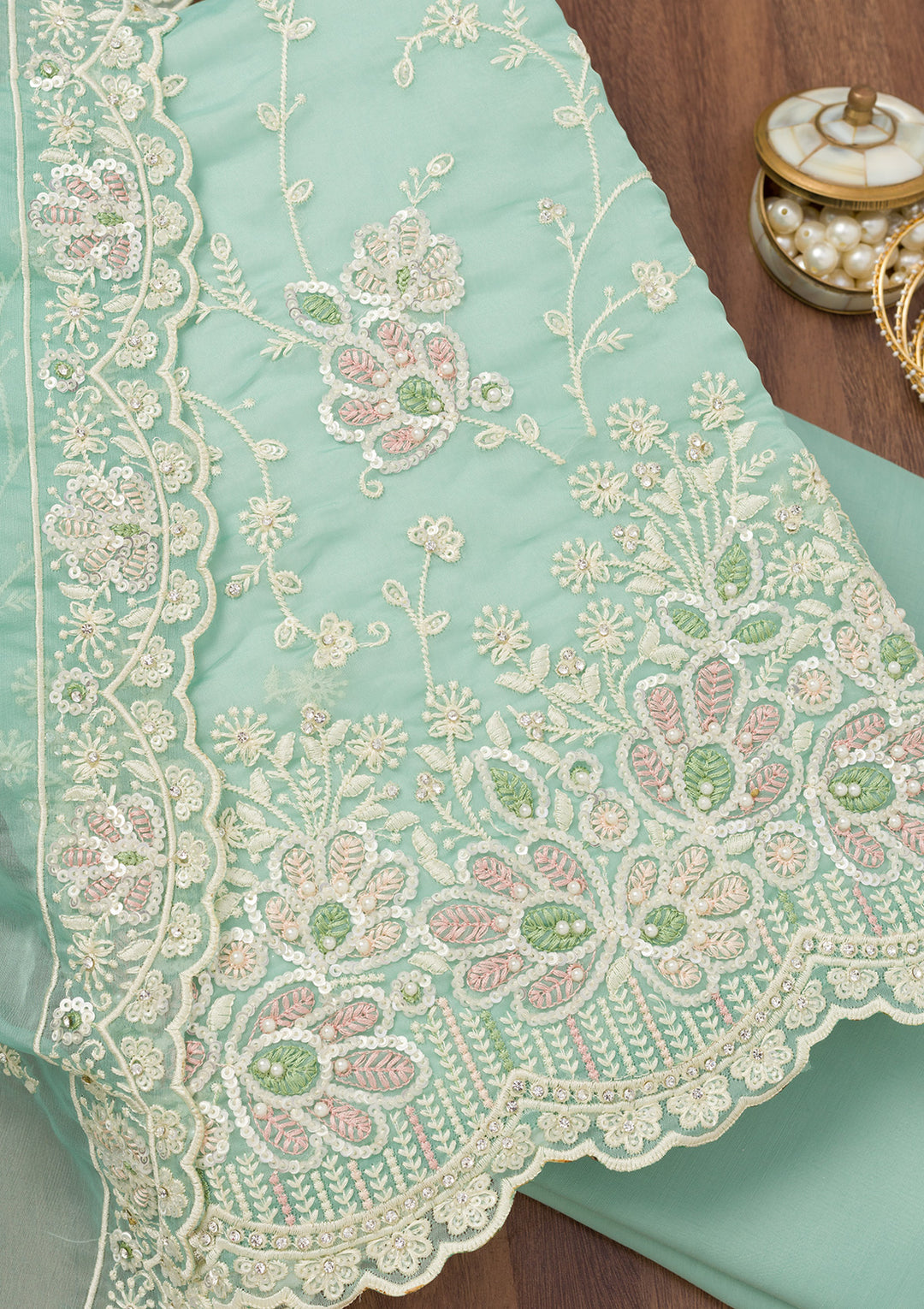 Sea Green Sequins Organza Unstitched Salwar Suit