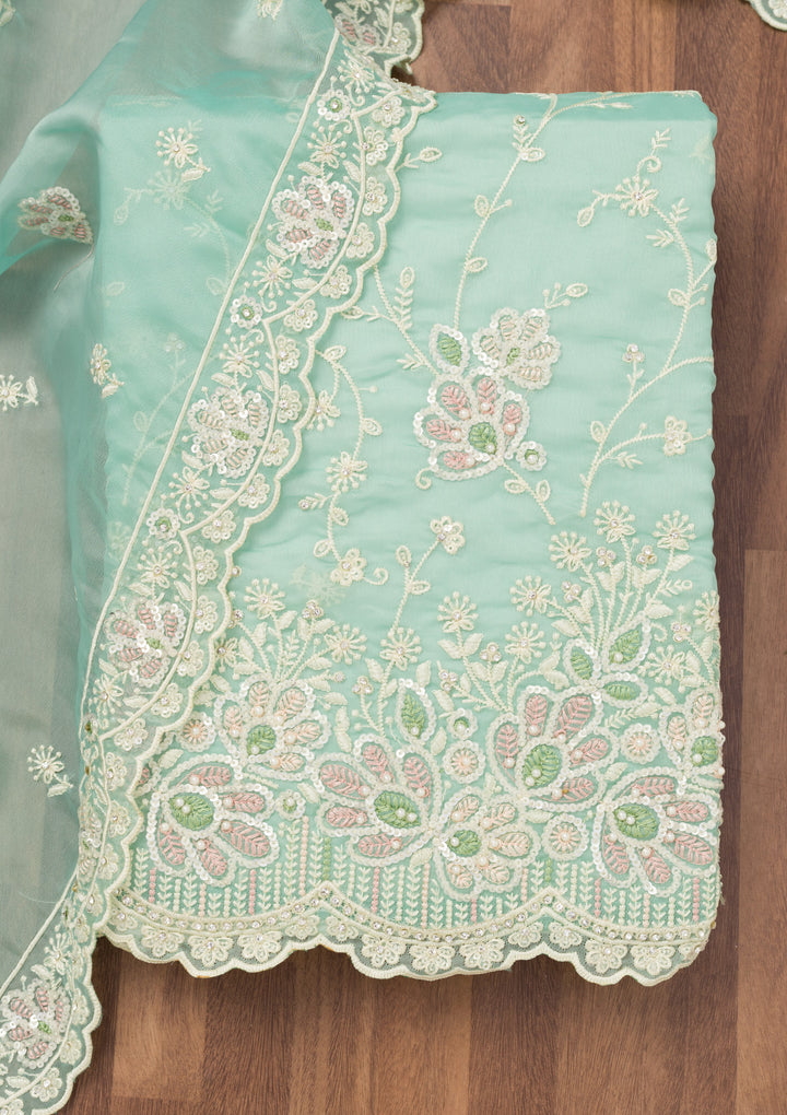 Sea Green Sequins Organza Unstitched Salwar Suit