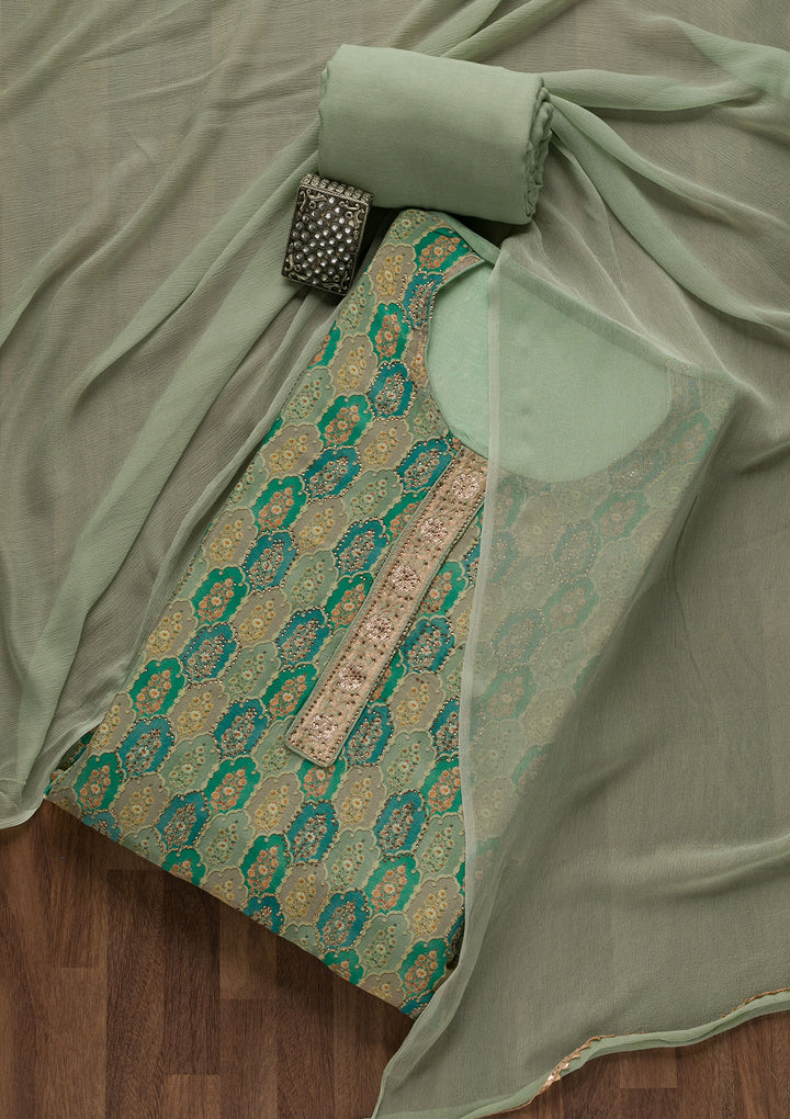 Sea Green Swarovski Semi Crepe Unstitched Salwar Suit