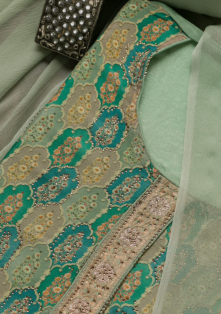 Sea Green Swarovski Semi Crepe Unstitched Salwar Suit