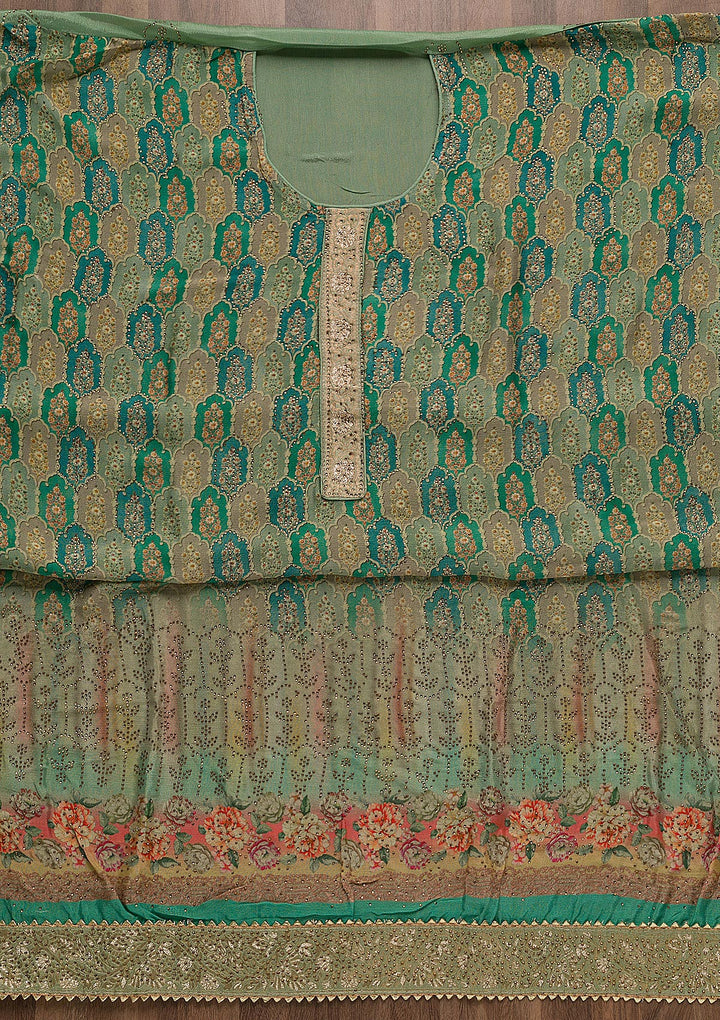 Sea Green Swarovski Semi Crepe Unstitched Salwar Suit