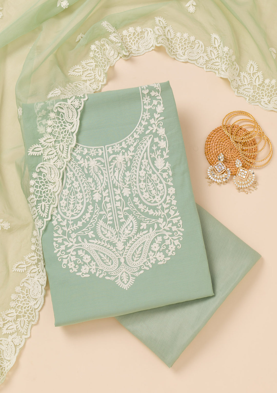Sea Green Threadwork Semi Crepe Unstitched Salwar Suit