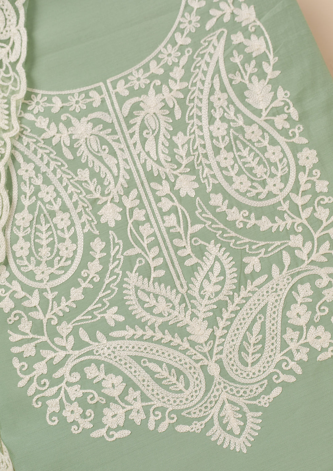 Sea Green Threadwork Semi Crepe Unstitched Salwar Suit