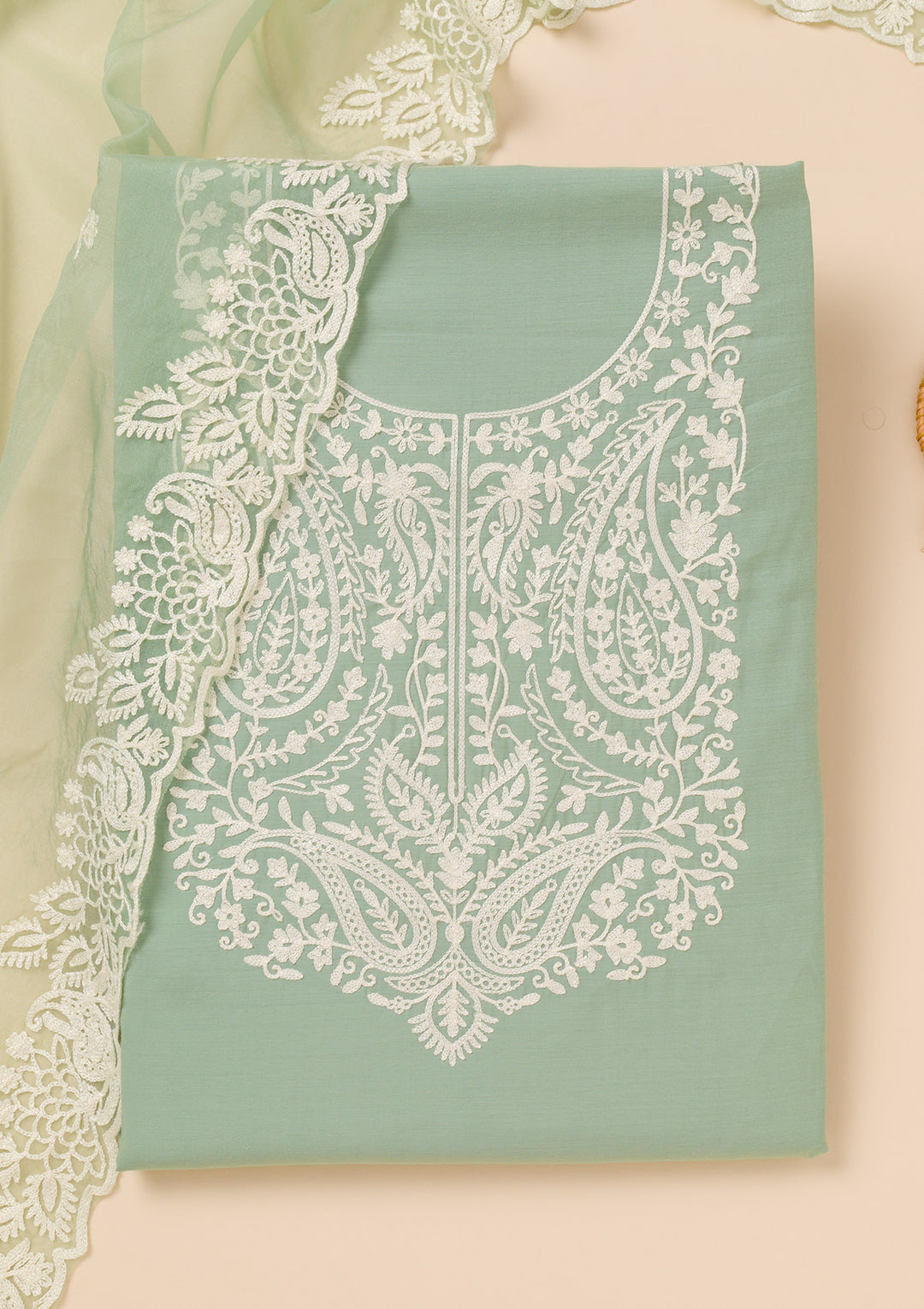 Sea Green Threadwork Semi Crepe Unstitched Salwar Suit