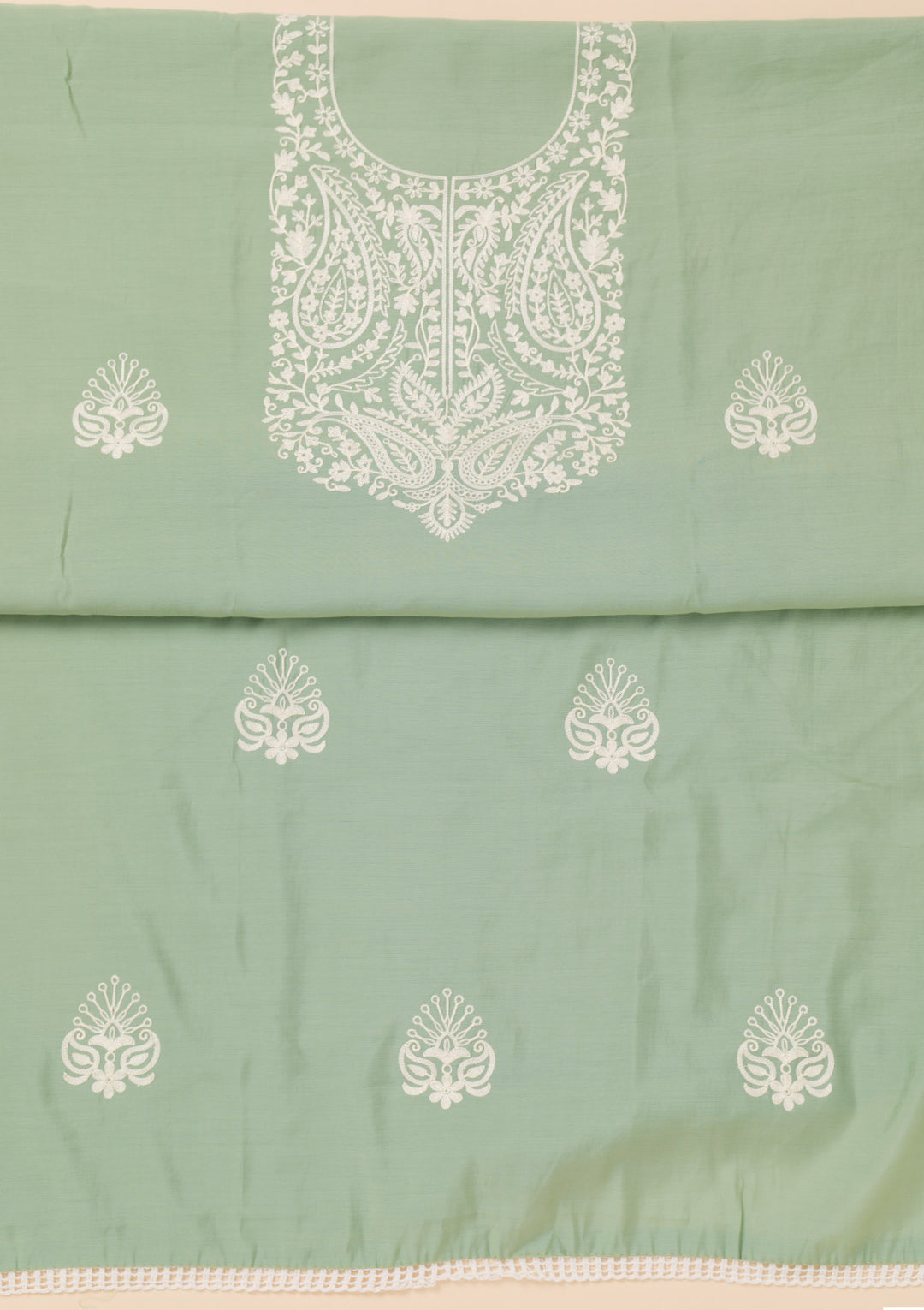 Sea Green Threadwork Semi Crepe Unstitched Salwar Suit