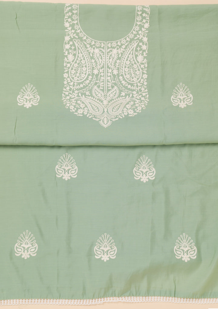 Sea Green Threadwork Semi Crepe Unstitched Salwar Suit