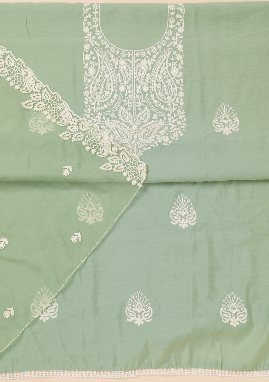 Sea Green Threadwork Semi Crepe Unstitched Salwar Suit