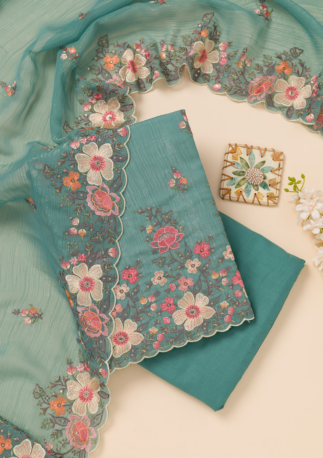 Sea Green Threadwork Tissue Unstitched Salwar Suit