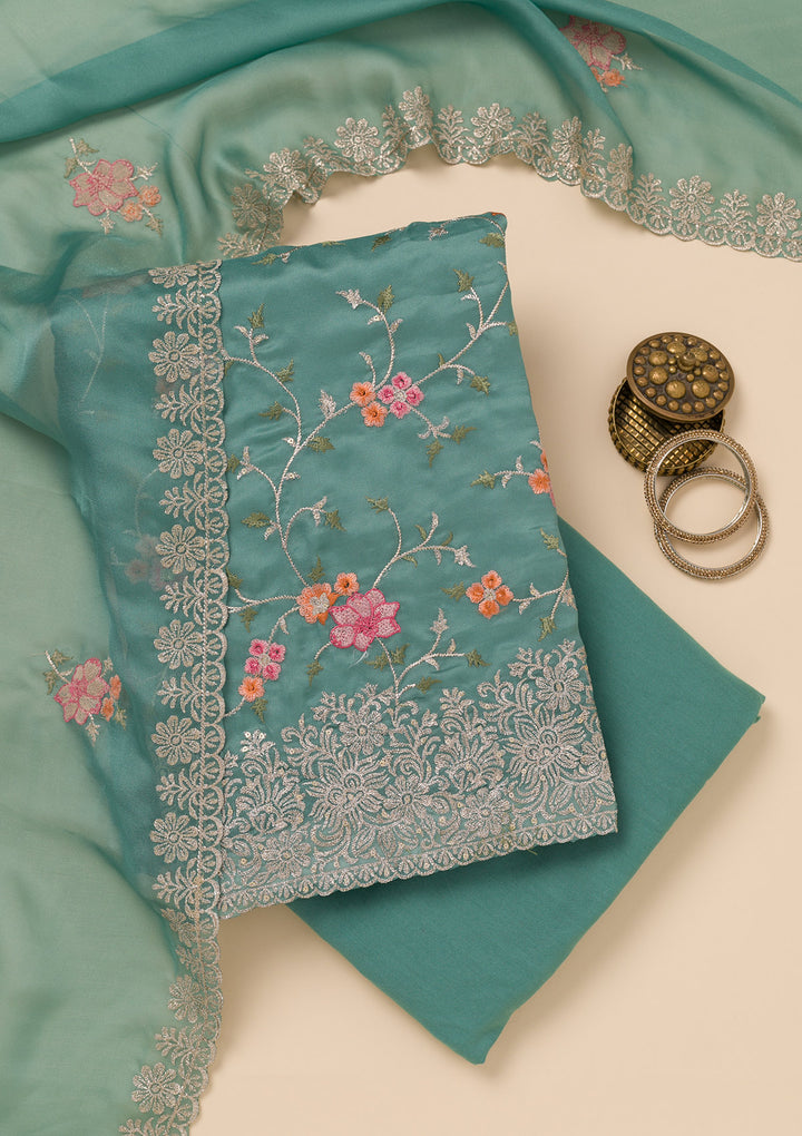 Sea Green Zariwork Semi Crepe Unstitched Salwar Suit
