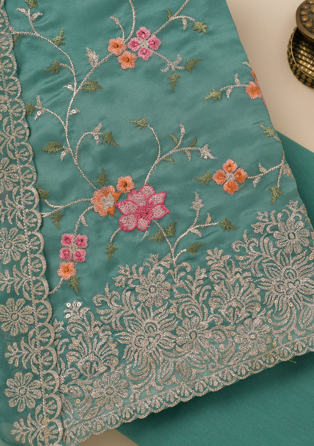 Sea Green Zariwork Semi Crepe Unstitched Salwar Suit