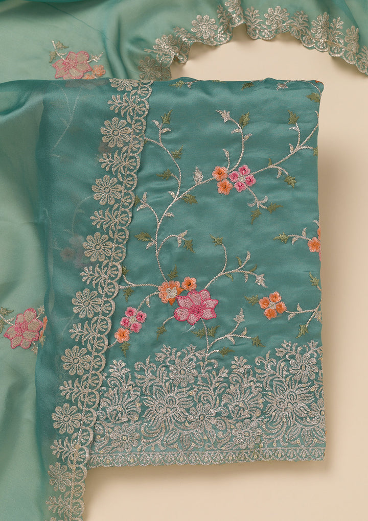 Sea Green Zariwork Semi Crepe Unstitched Salwar Suit