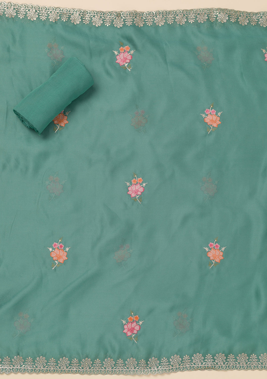 Sea Green Zariwork Semi Crepe Unstitched Salwar Suit