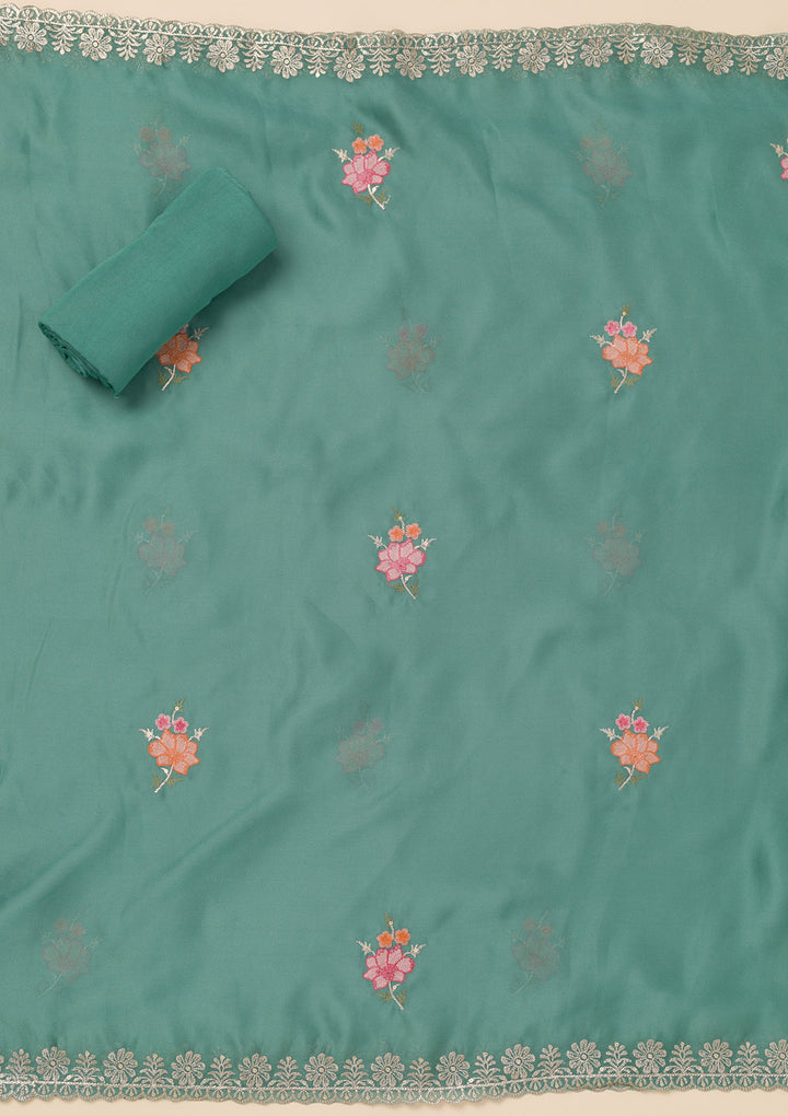 Sea Green Zariwork Semi Crepe Unstitched Salwar Suit