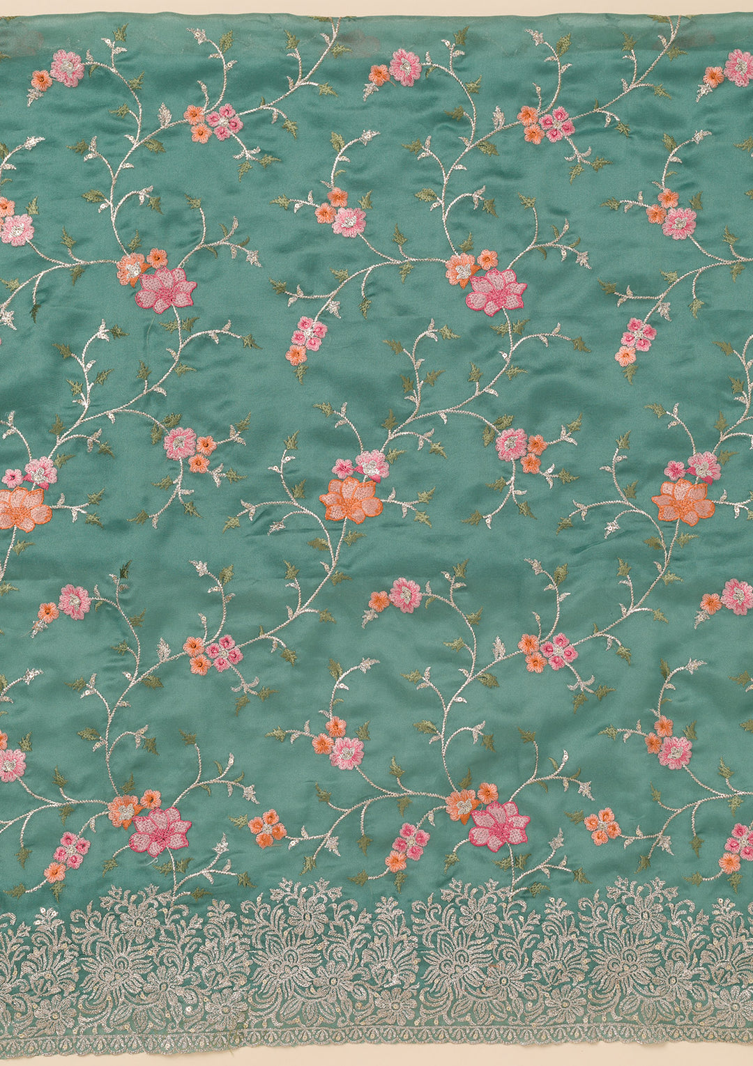 Sea Green Zariwork Semi Crepe Unstitched Salwar Suit