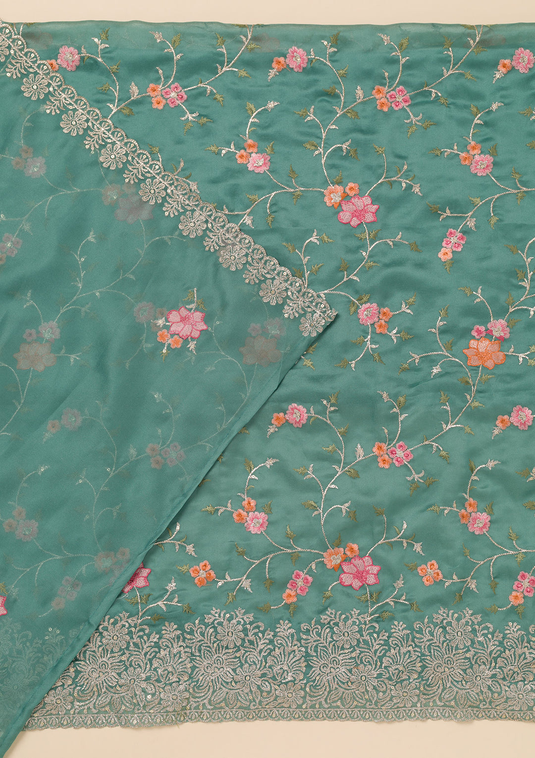 Sea Green Zariwork Semi Crepe Unstitched Salwar Suit