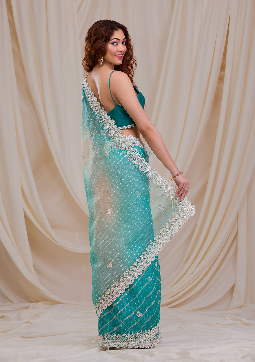 Sky Blue Ombre Net Saree