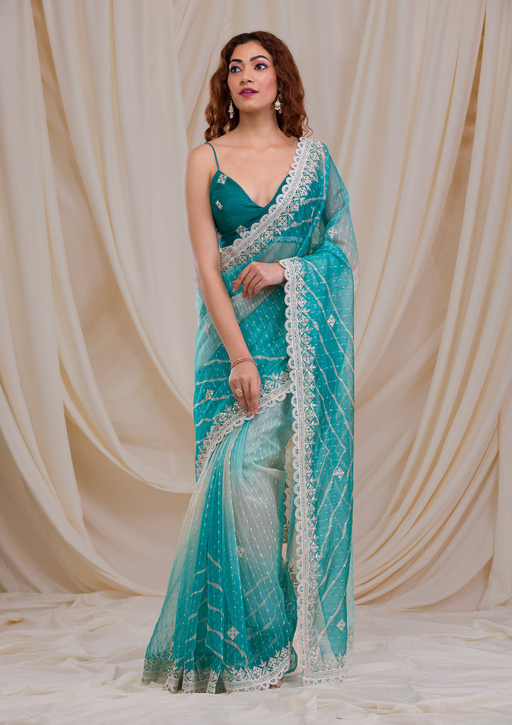 Sky Blue Ombre Net Saree