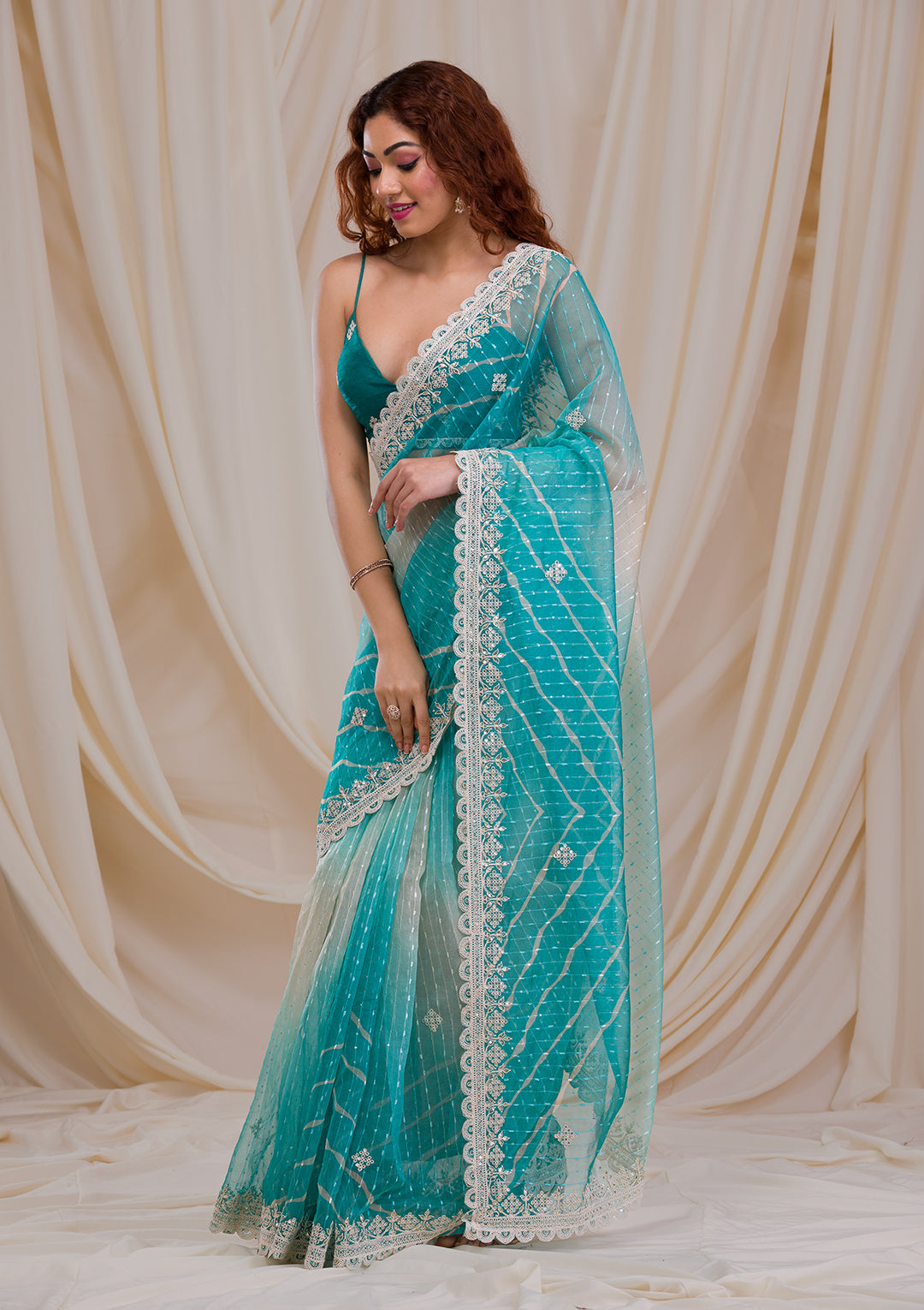 Sky Blue Ombre Net Saree