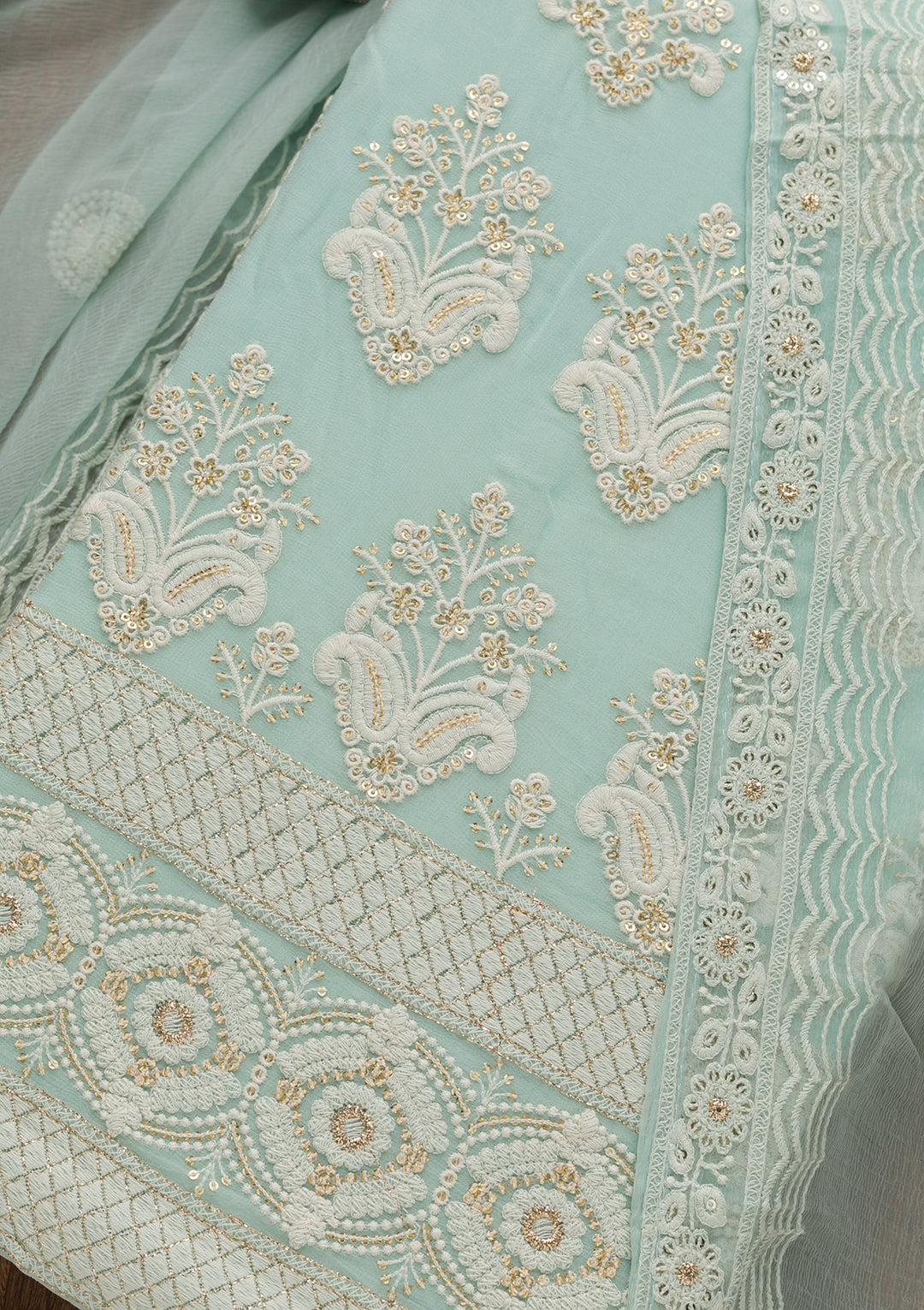 Sky Blue Threadwork Georgette Unstitched Salwar Suit