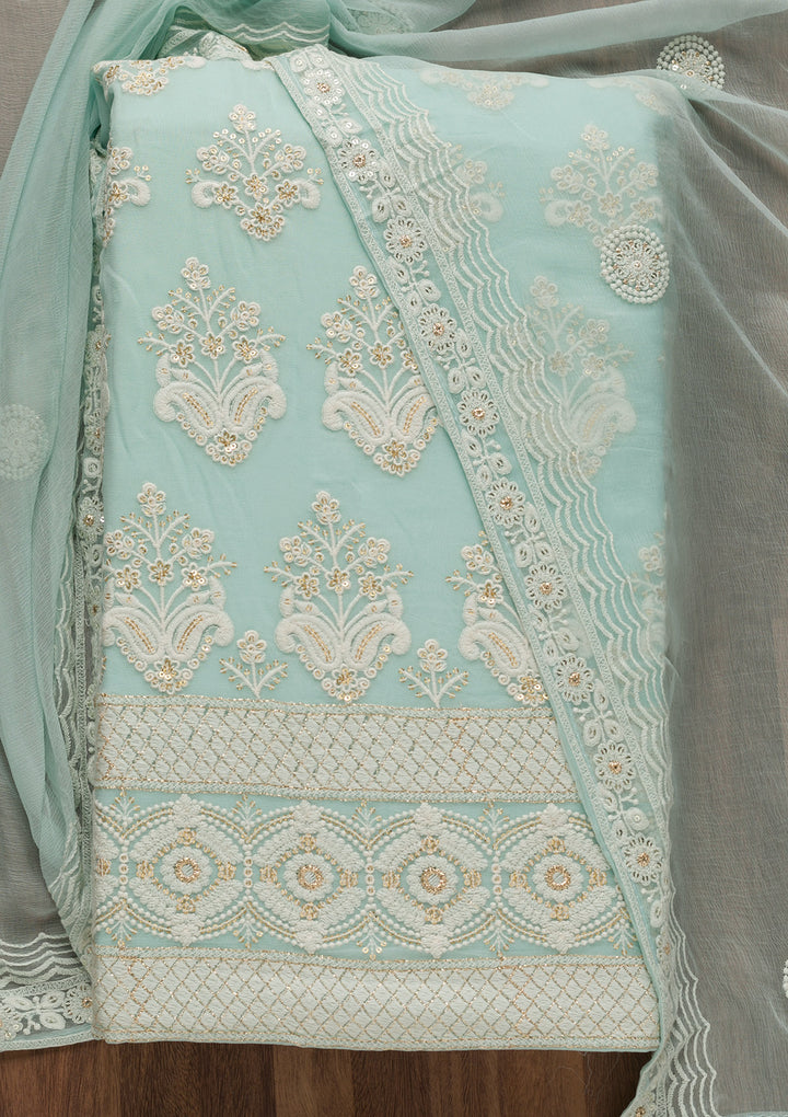 Sky Blue Threadwork Georgette Unstitched Salwar Suit