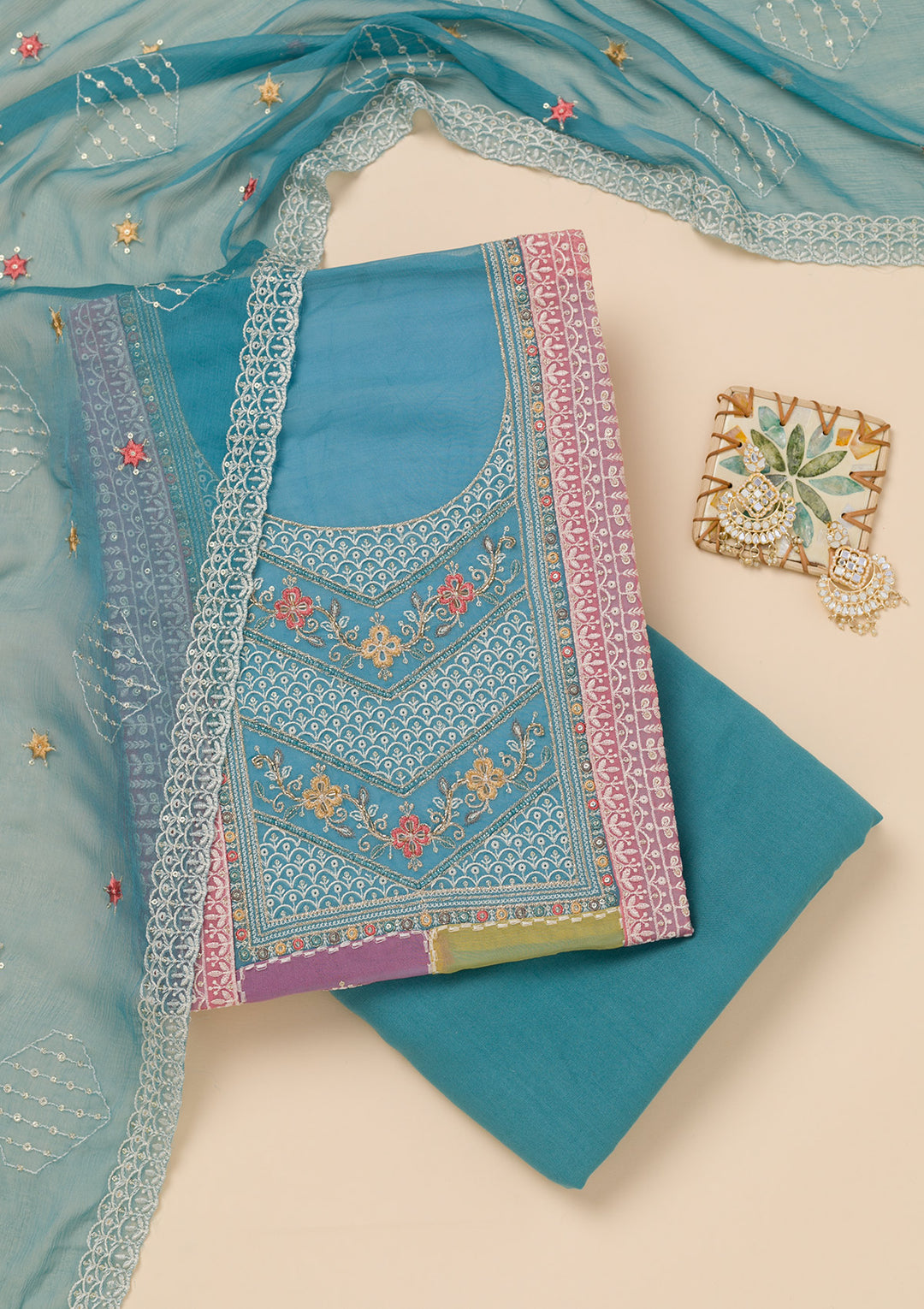 Sky Blue Threadwork Organza Unstitched Salwar Suit