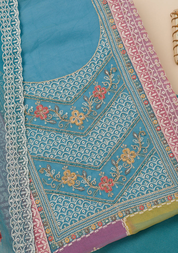 Sky Blue Threadwork Organza Unstitched Salwar Suit