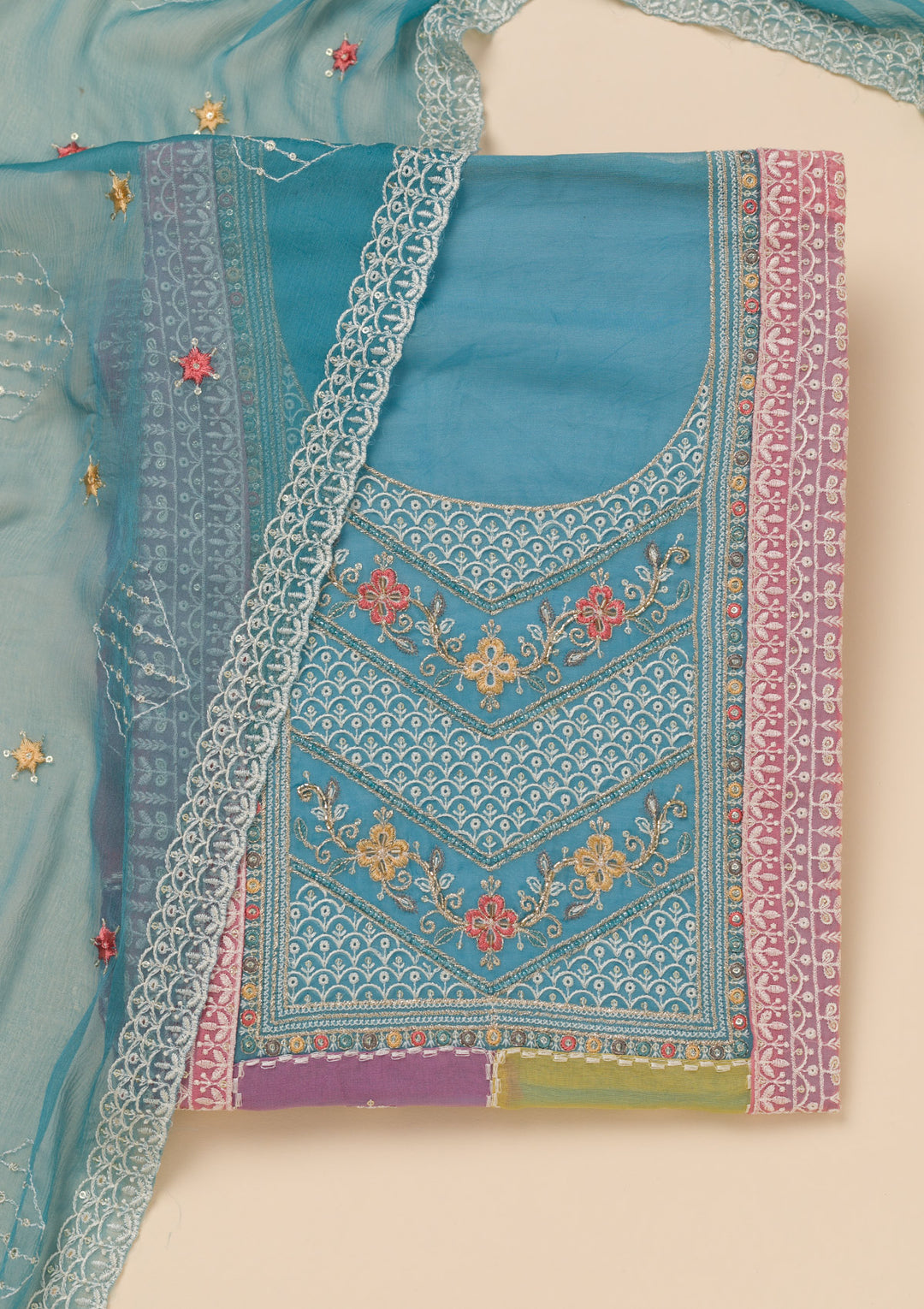 Sky Blue Threadwork Organza Unstitched Salwar Suit