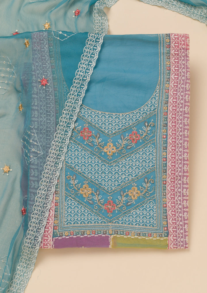 Sky Blue Threadwork Organza Unstitched Salwar Suit